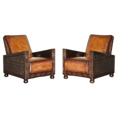 Fine Pair of Fully Restored Antique Art Deco Armchairs Hand Carved Carved Panels