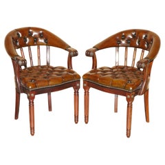 FINE PAIR OF FULLY RESTORED BROWN LEATHER CHESTERFIELD LIBRARY READING ARMCHAIRs