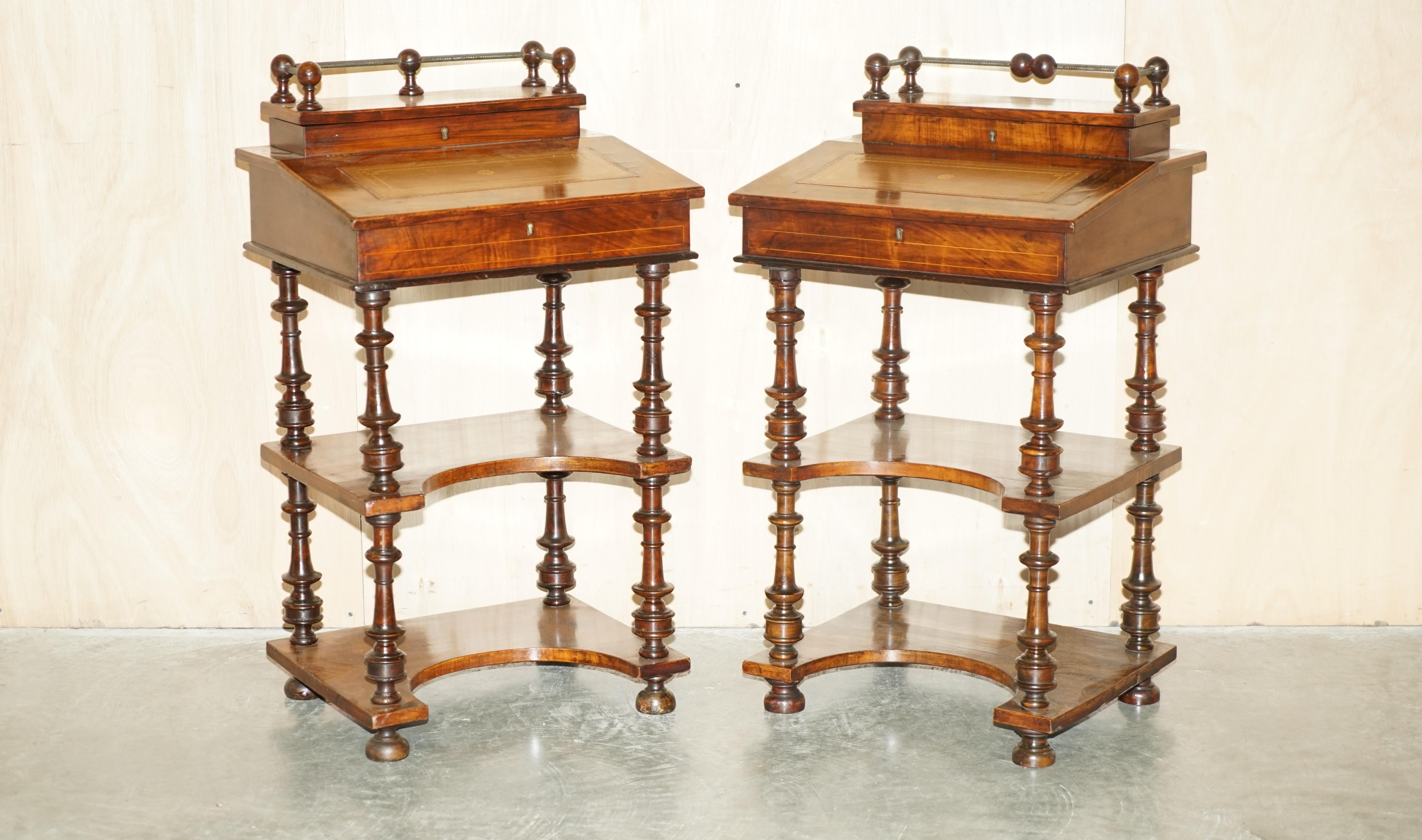We are delighted to offer for sale this exceptional pair of fully restored, Regency circa 1810-1820, Walnut & Brown leather Daveport desk side table bookcases

These are the only pair of Daveports I have ever seen this size, designed as open