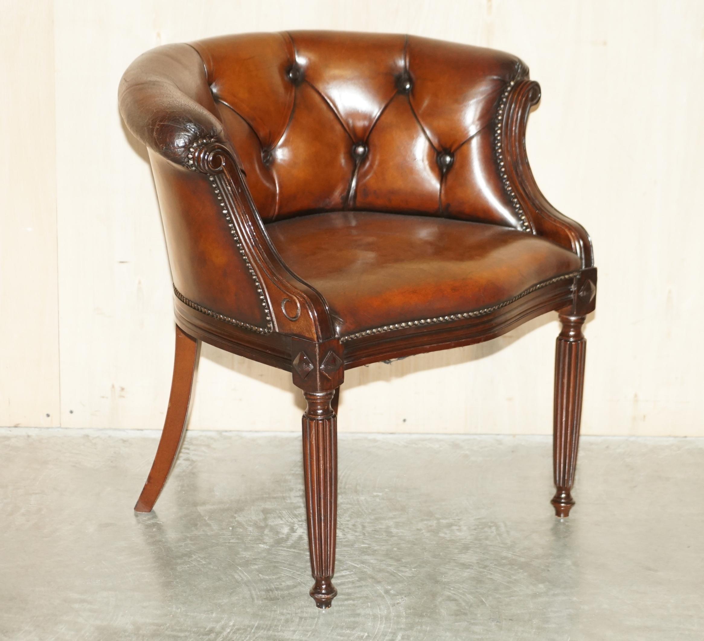 We are delighted to offer for sale this lovely pair of fully restored hand dyed cigar brown leather Chesterfield tub armchairs 

A very good looking and comfortable pair of armchairs, I have some more which are going through the restoration