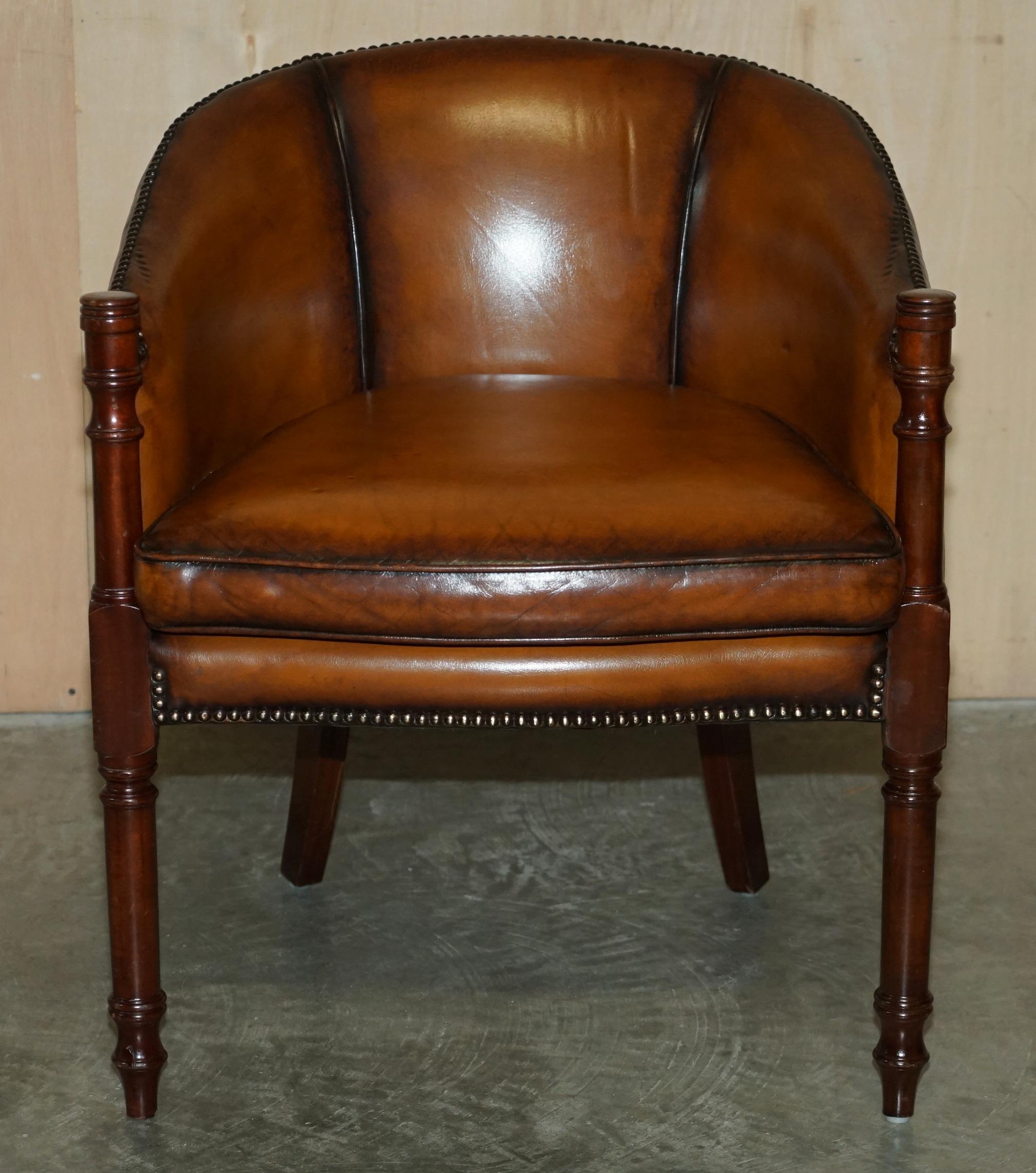 Fine Pair of Fully Restored Vintage Hand Dyed Brown Leather Tub Club Armchairs 10