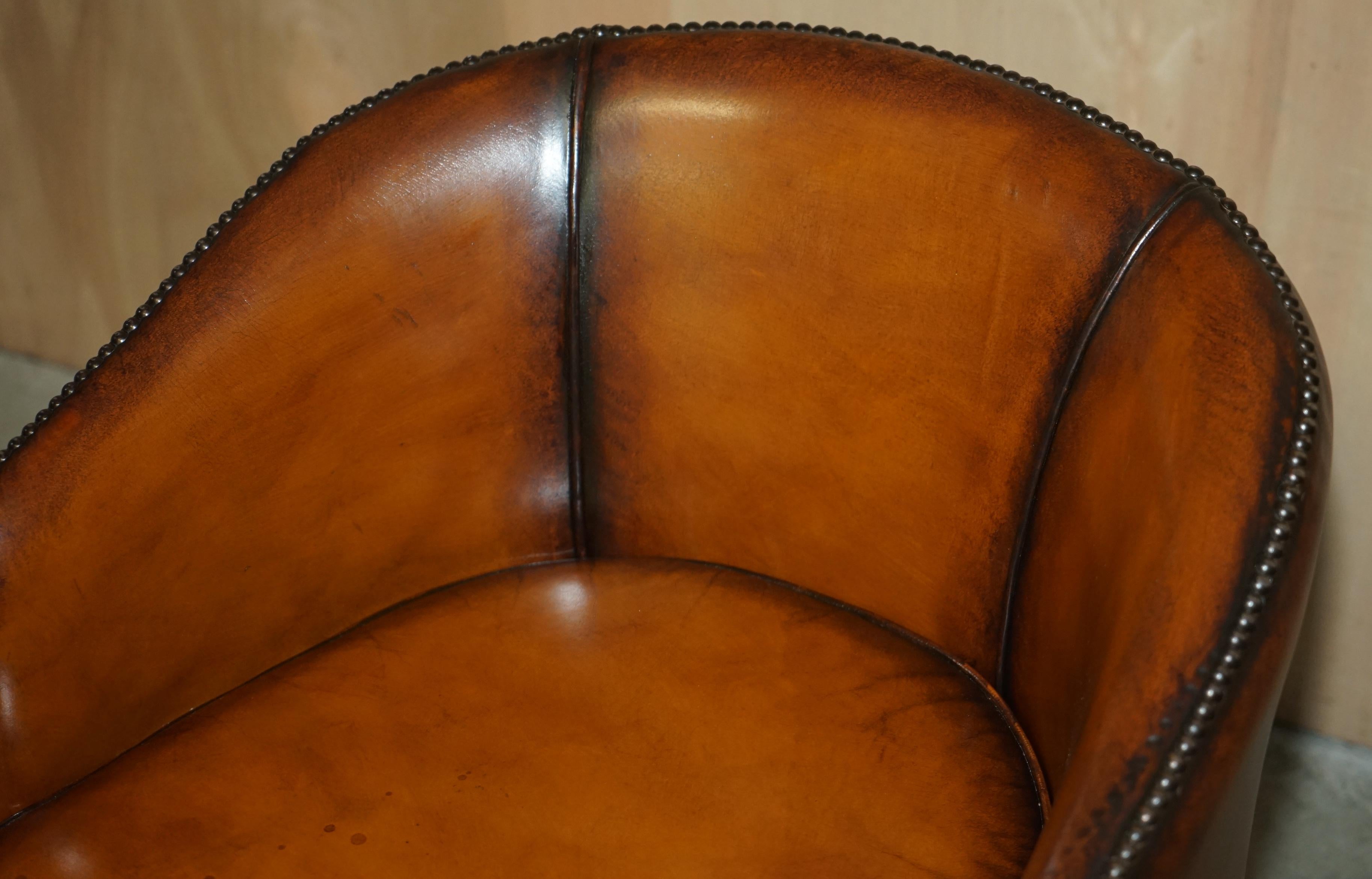 Fine Pair of Fully Restored Vintage Hand Dyed Brown Leather Tub Club Armchairs 11