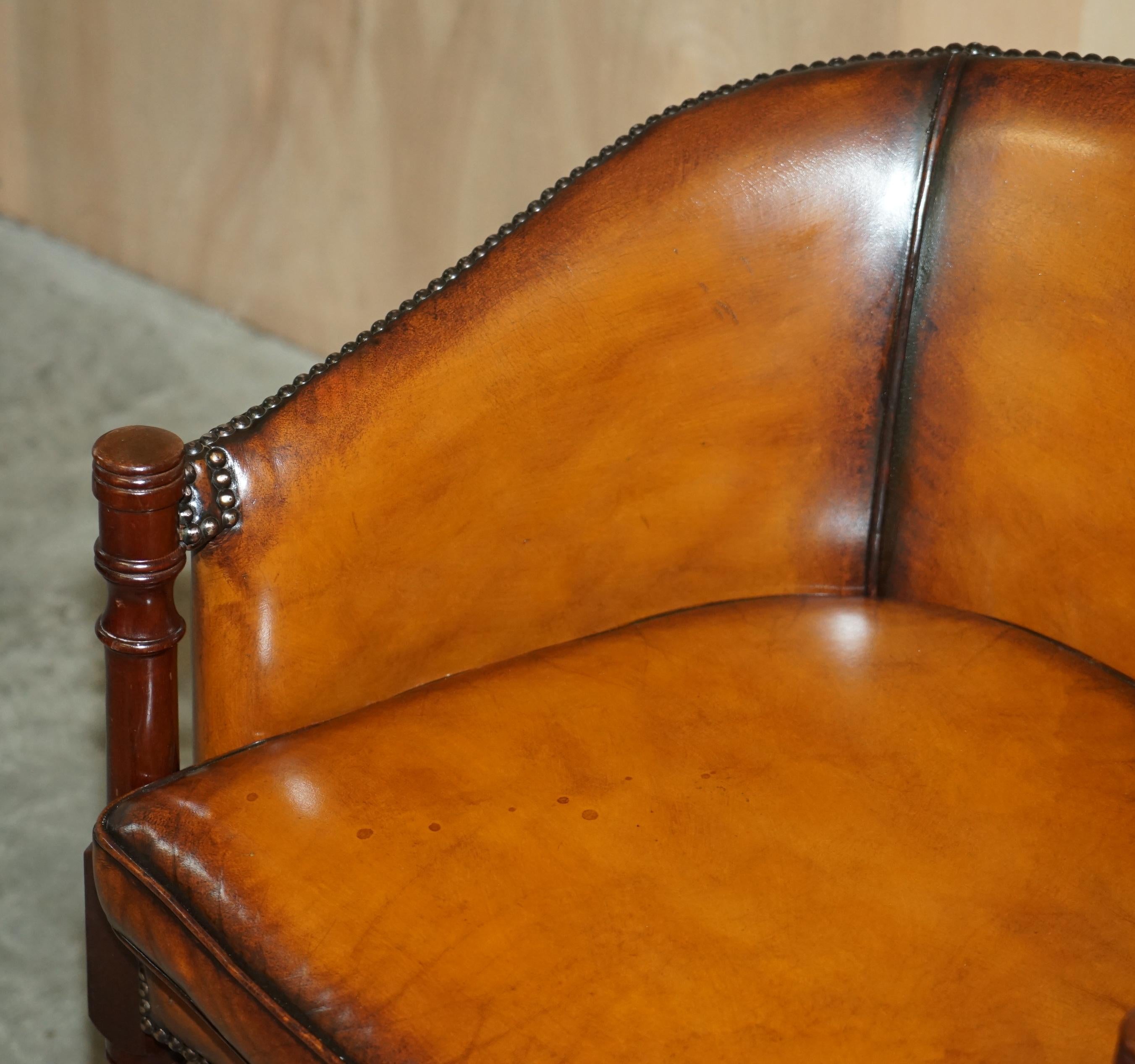 Fine Pair of Fully Restored Vintage Hand Dyed Brown Leather Tub Club Armchairs 12