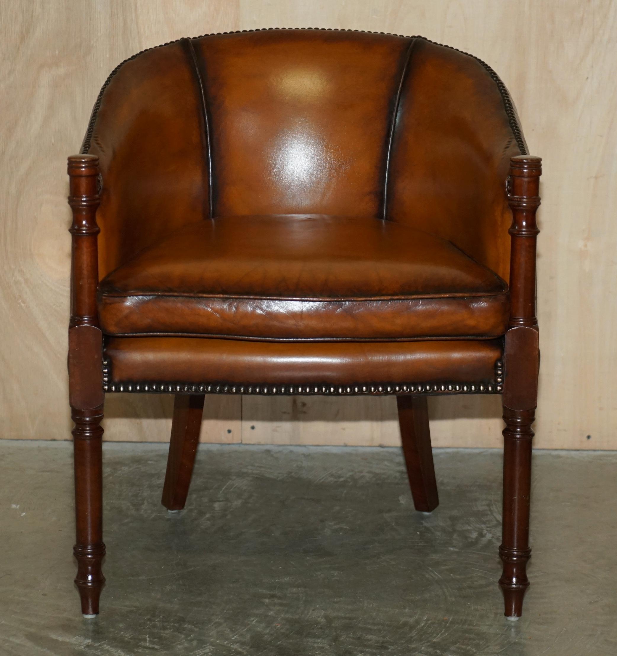 Regency Fine Pair of Fully Restored Vintage Hand Dyed Brown Leather Tub Club Armchairs