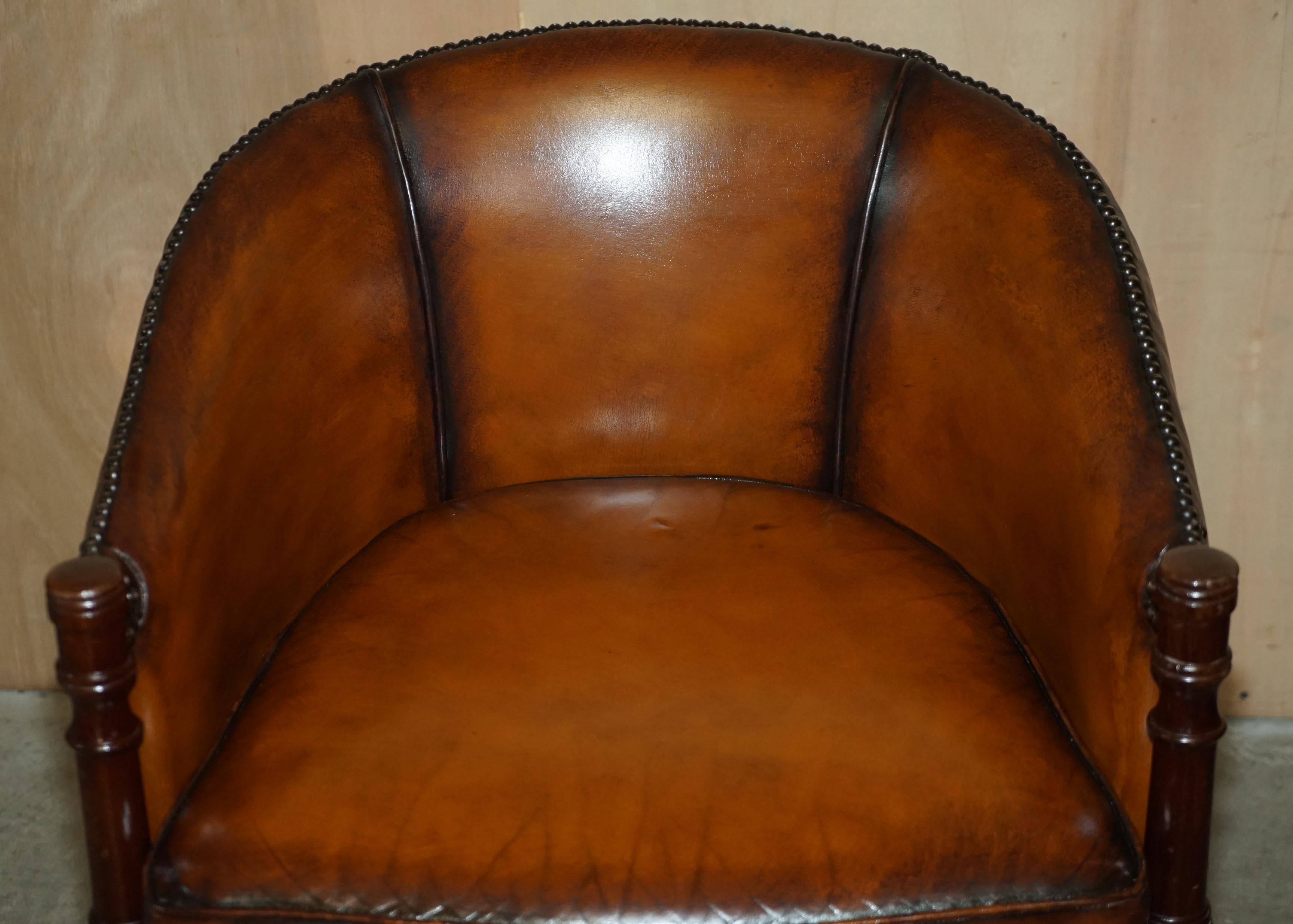 British Fine Pair of Fully Restored Vintage Hand Dyed Brown Leather Tub Club Armchairs
