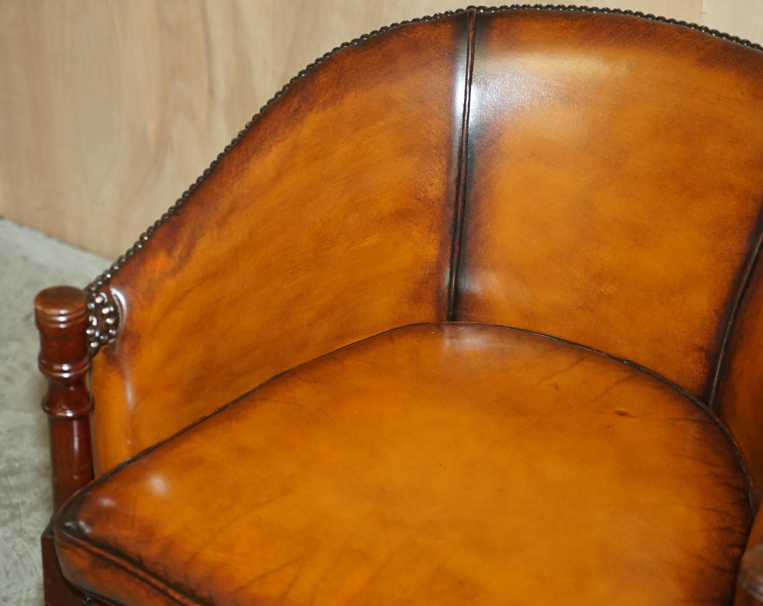 Hand-Crafted Fine Pair of Fully Restored Vintage Hand Dyed Brown Leather Tub Club Armchairs