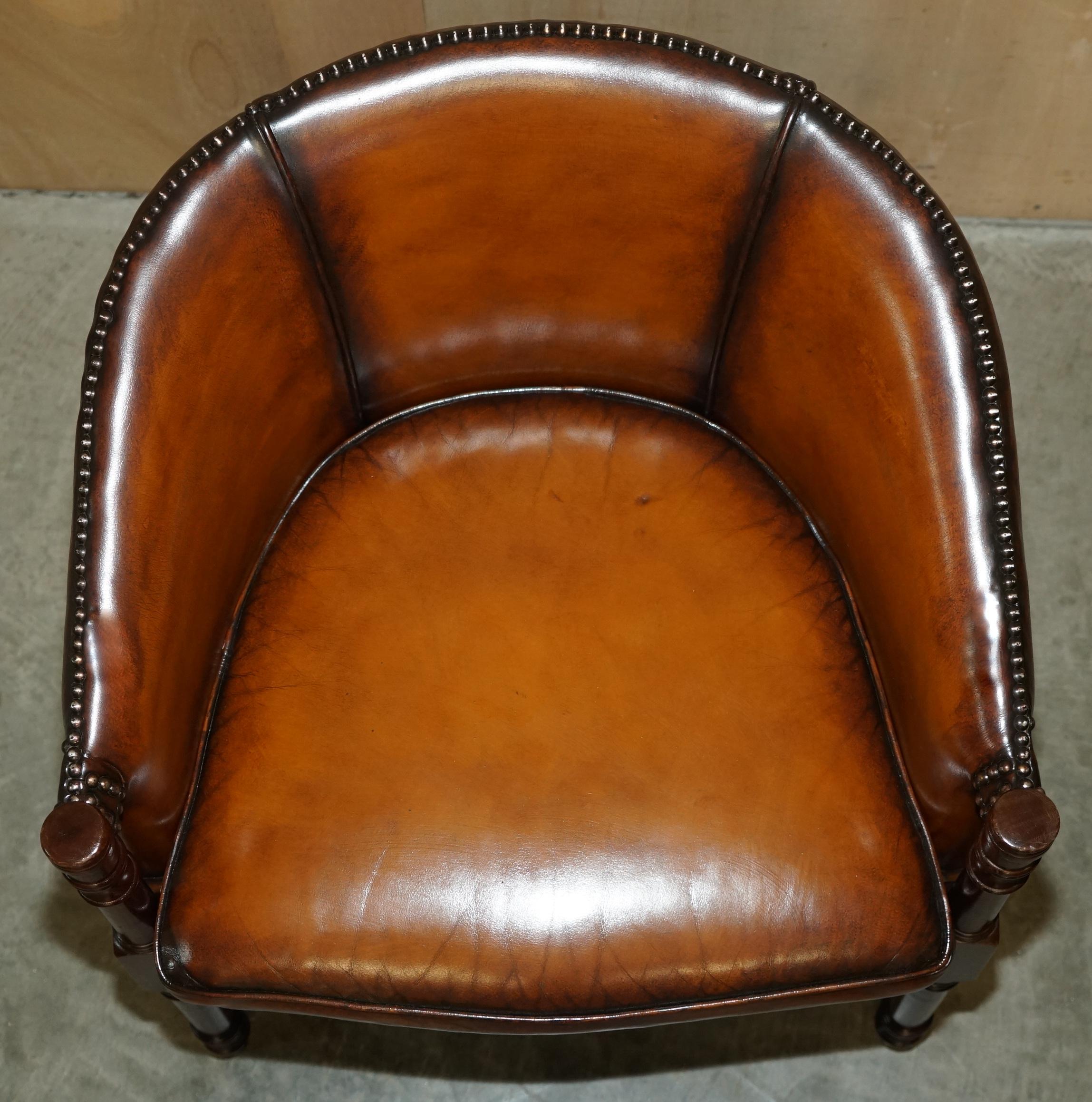 20th Century Fine Pair of Fully Restored Vintage Hand Dyed Brown Leather Tub Club Armchairs