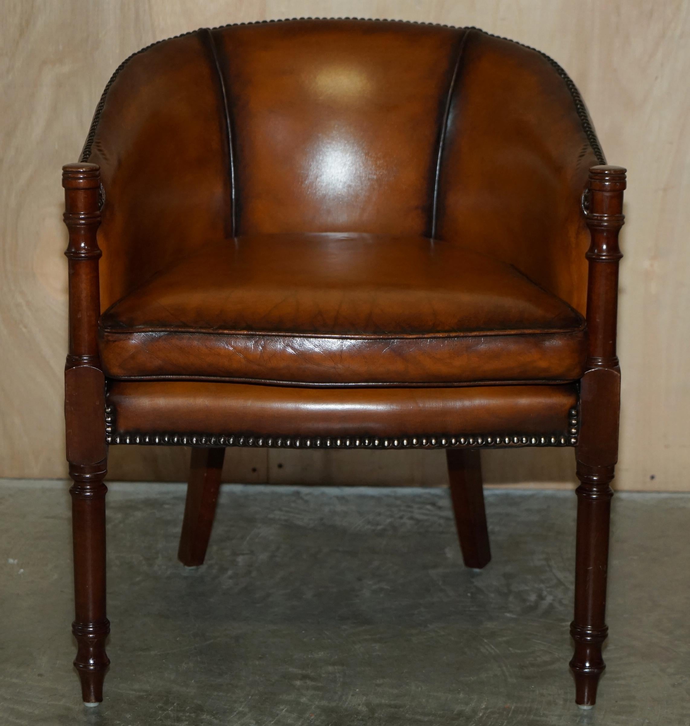 Fine Pair of Fully Restored Vintage Hand Dyed Brown Leather Tub Club Armchairs 1