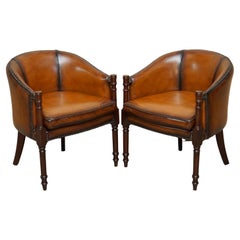 Fine Pair of Fully Restored Vintage Hand Dyed Brown Leather Tub Club Armchairs