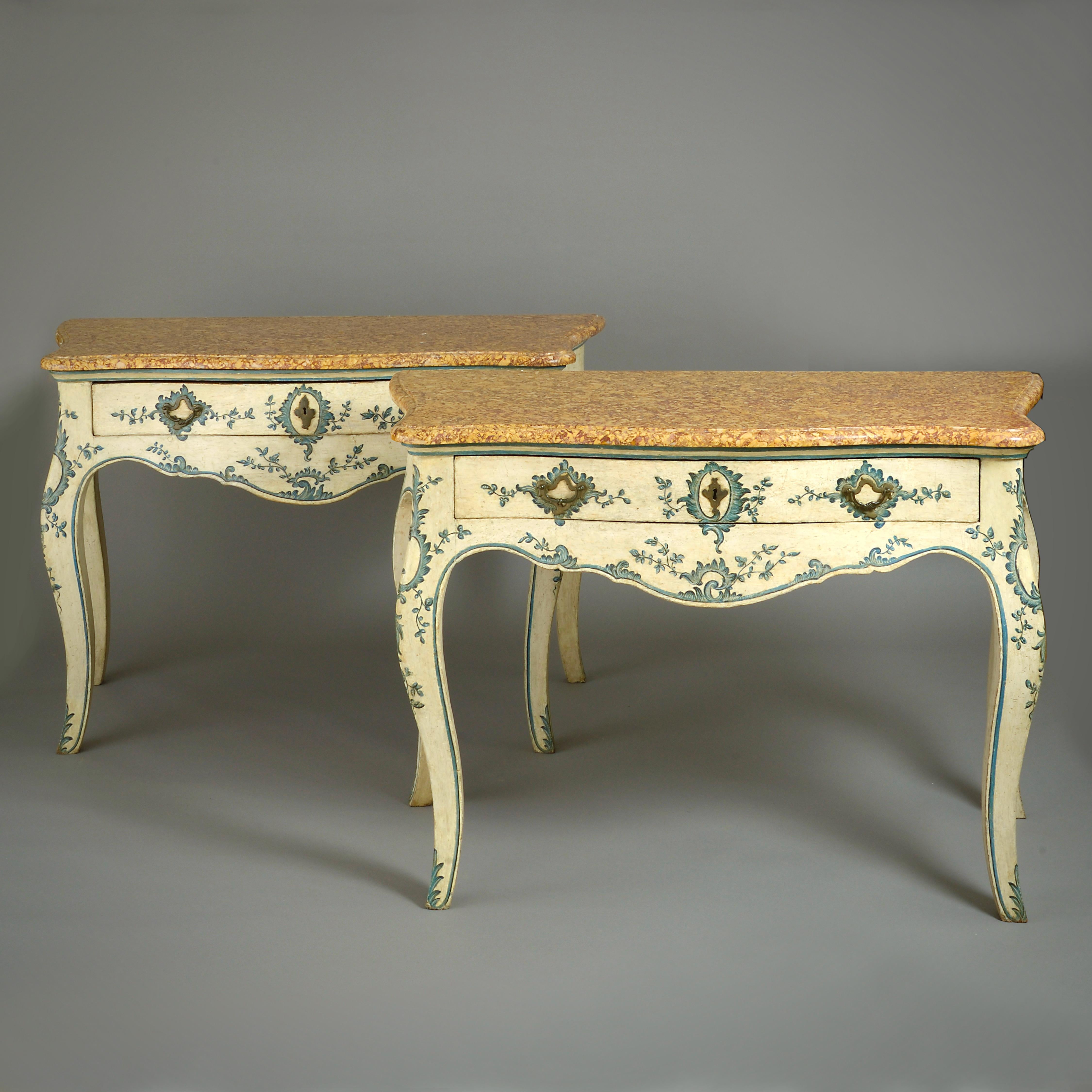 A FINE PAIR OF GENOESE PAINTED SIDE TABLES WITH BROCATELLO MARBLE TOPS, CIRCA 1750.

Original painted decoration and bronze hardware.