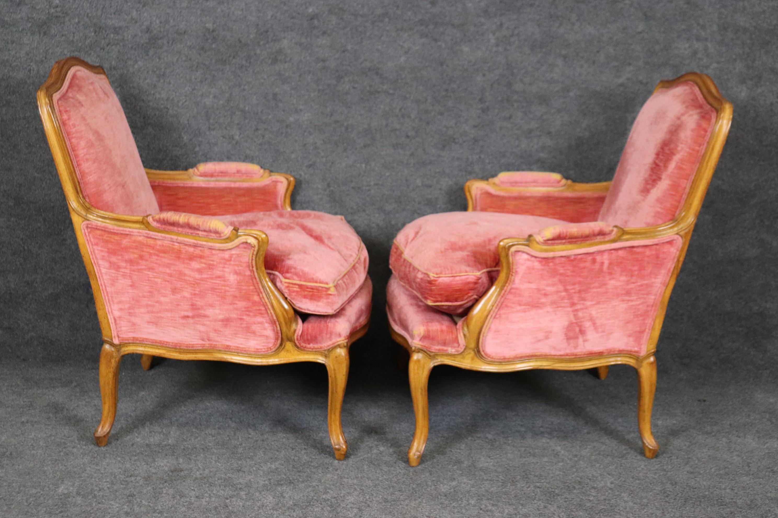 Fine Pair of Gently Worn Rose Velvet French Walnut Louis XV Bergere Chairs  2