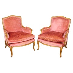 Fine Pair of Gently Worn Rose Velvet French Walnut Louis XV Bergere Chairs 