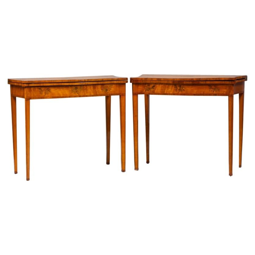 Fine Pair of George 111 Satinwood and Tulipwood Marquetry Game Tables For Sale