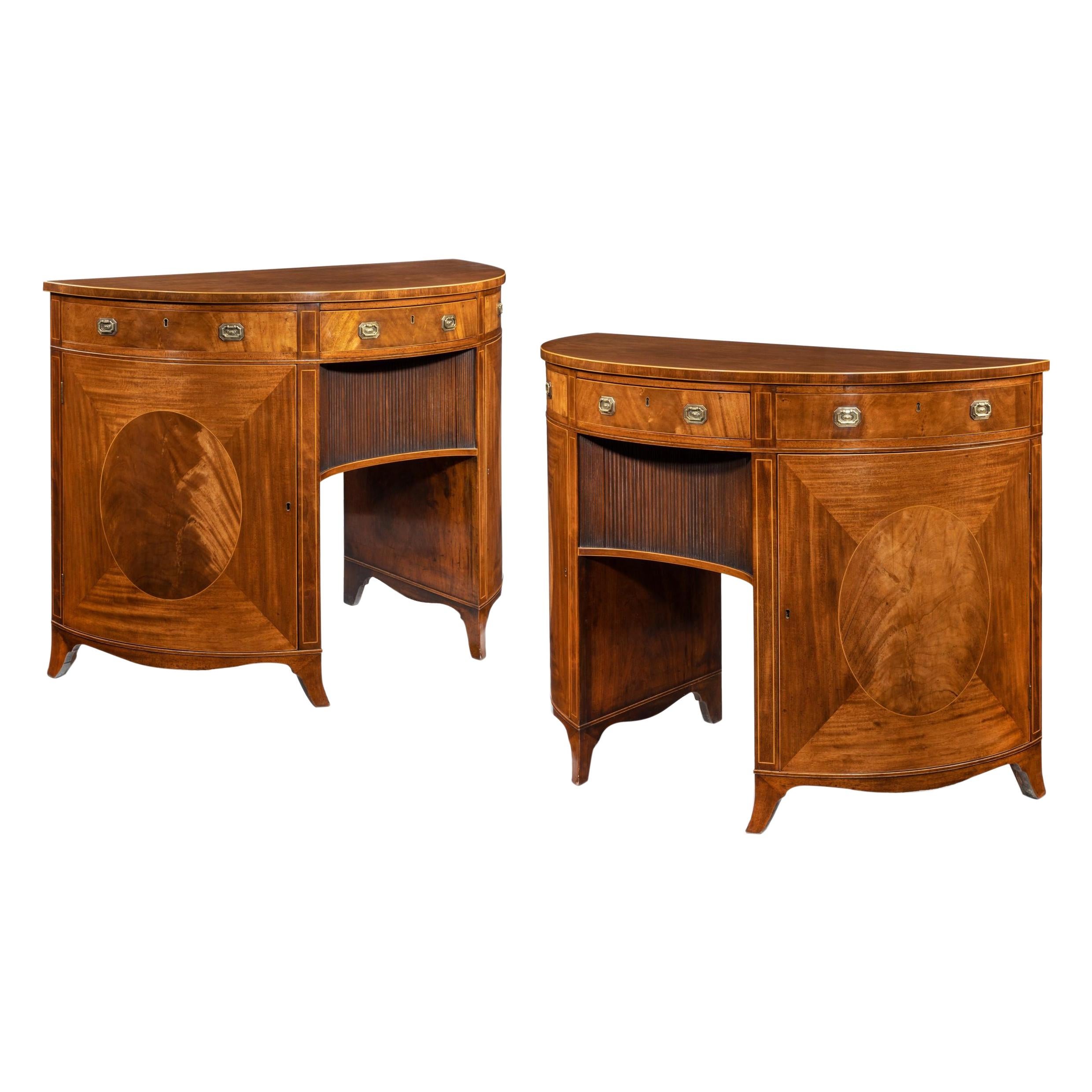 Fine Pair of George III Figured Mahogany Side Cabinets, Thomas Sheraton