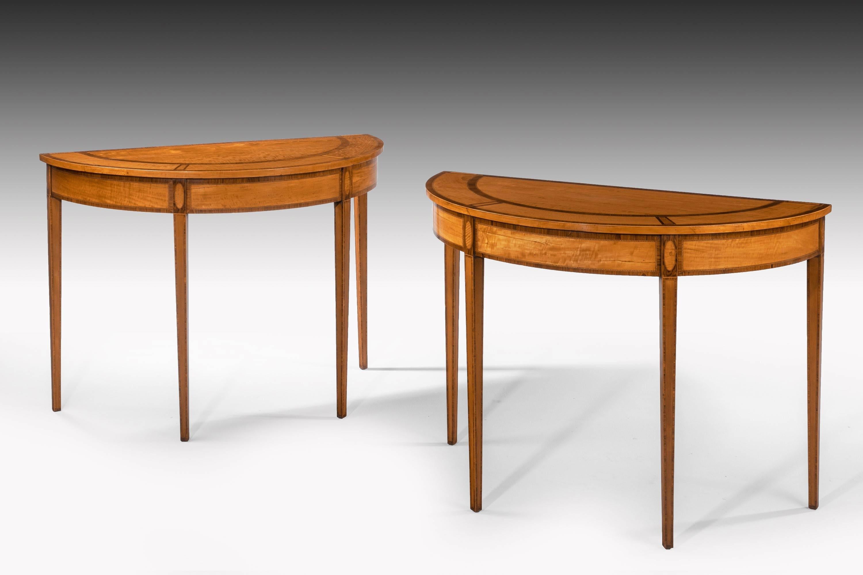 18th Century Fine Pair of George III Period Satinwood and Kingwood Demilune Pier Tables