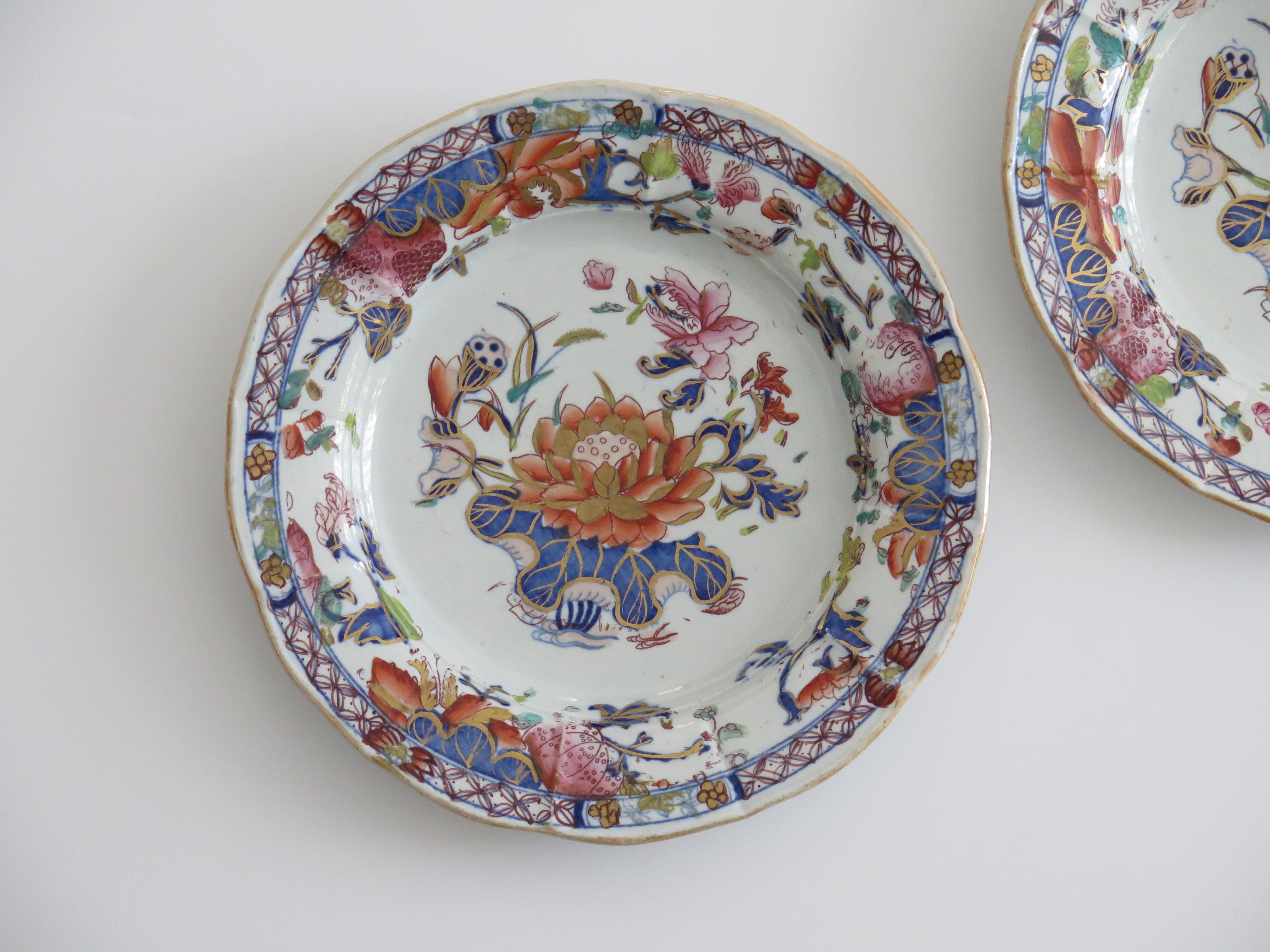 Inglese Bella COPPIA di piatti georgiani Mason's Ironstone con motivo a giglio d'acqua, circa 1818 in vendita