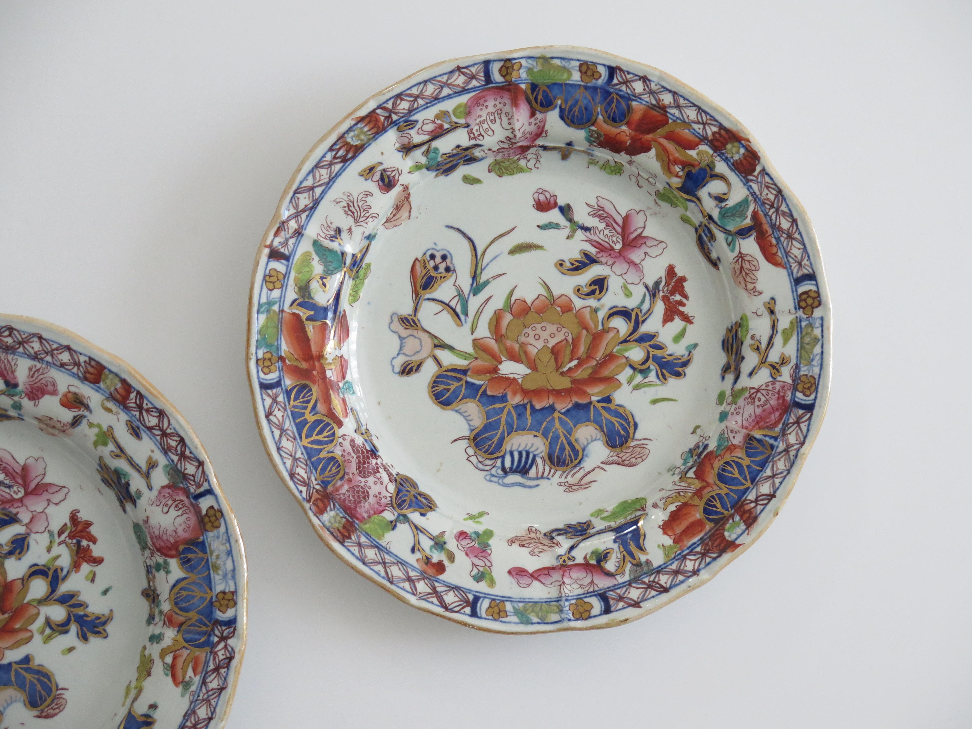 Dipinto a mano Bella COPPIA di piatti georgiani Mason's Ironstone con motivo a giglio d'acqua, circa 1818 in vendita
