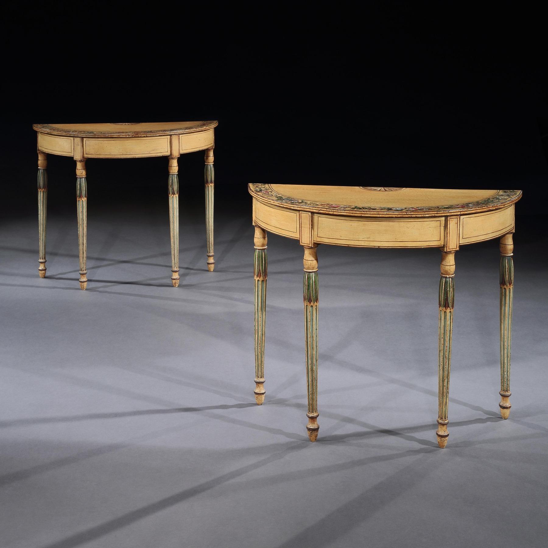 A very fine pair of late 18th century original painted demilune pier tables reminiscent of the work of Seddon, Sons and Shackleton.

English circa 1795.

An elegant and rare pair of painted demi-lune pier / console tables, wood-grained all over,