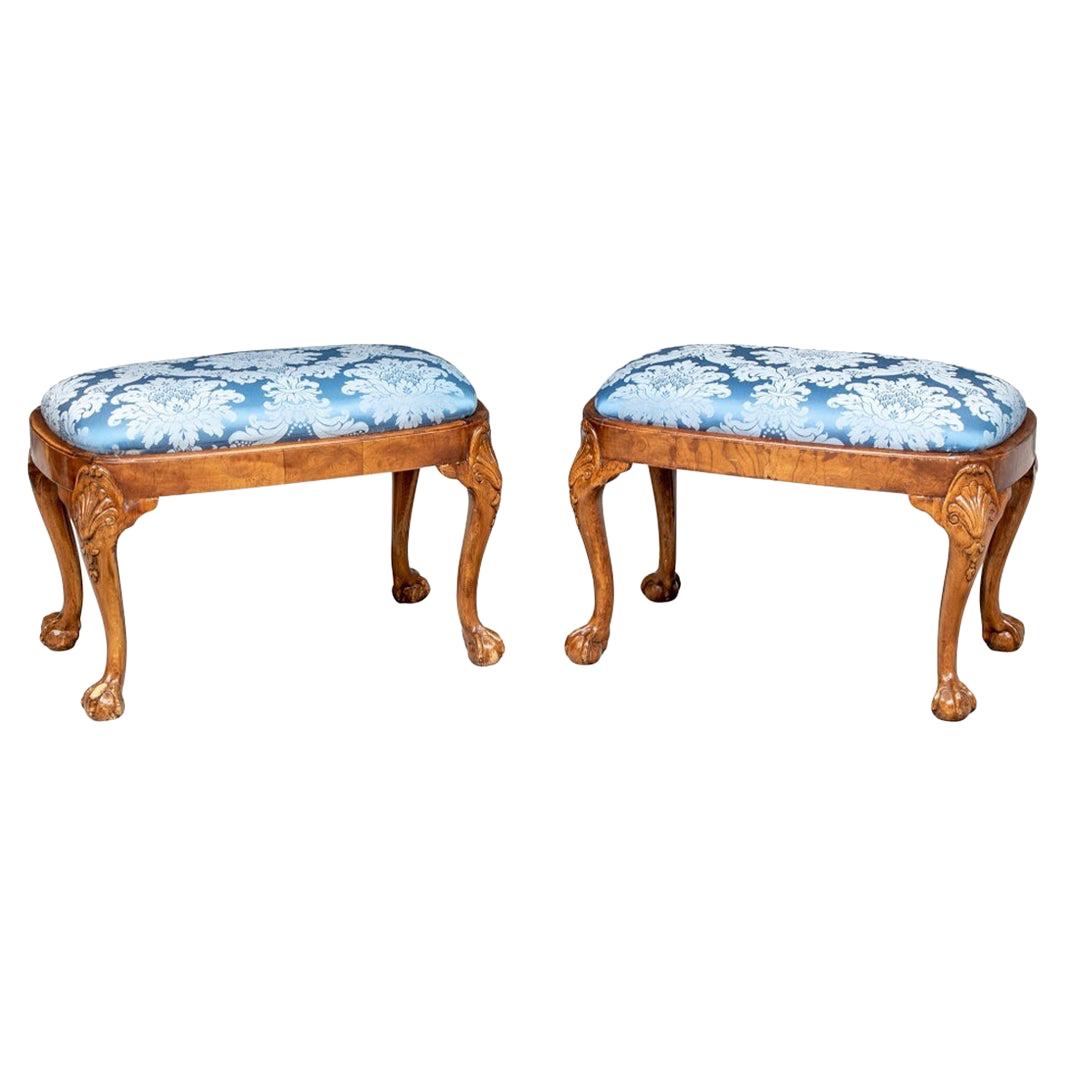 Fine Pair of Georgian Style Antique Carved Walnut Benches