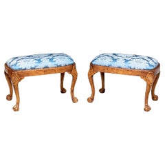 Fine Pair of Georgian Style Antique Carved Walnut Benches