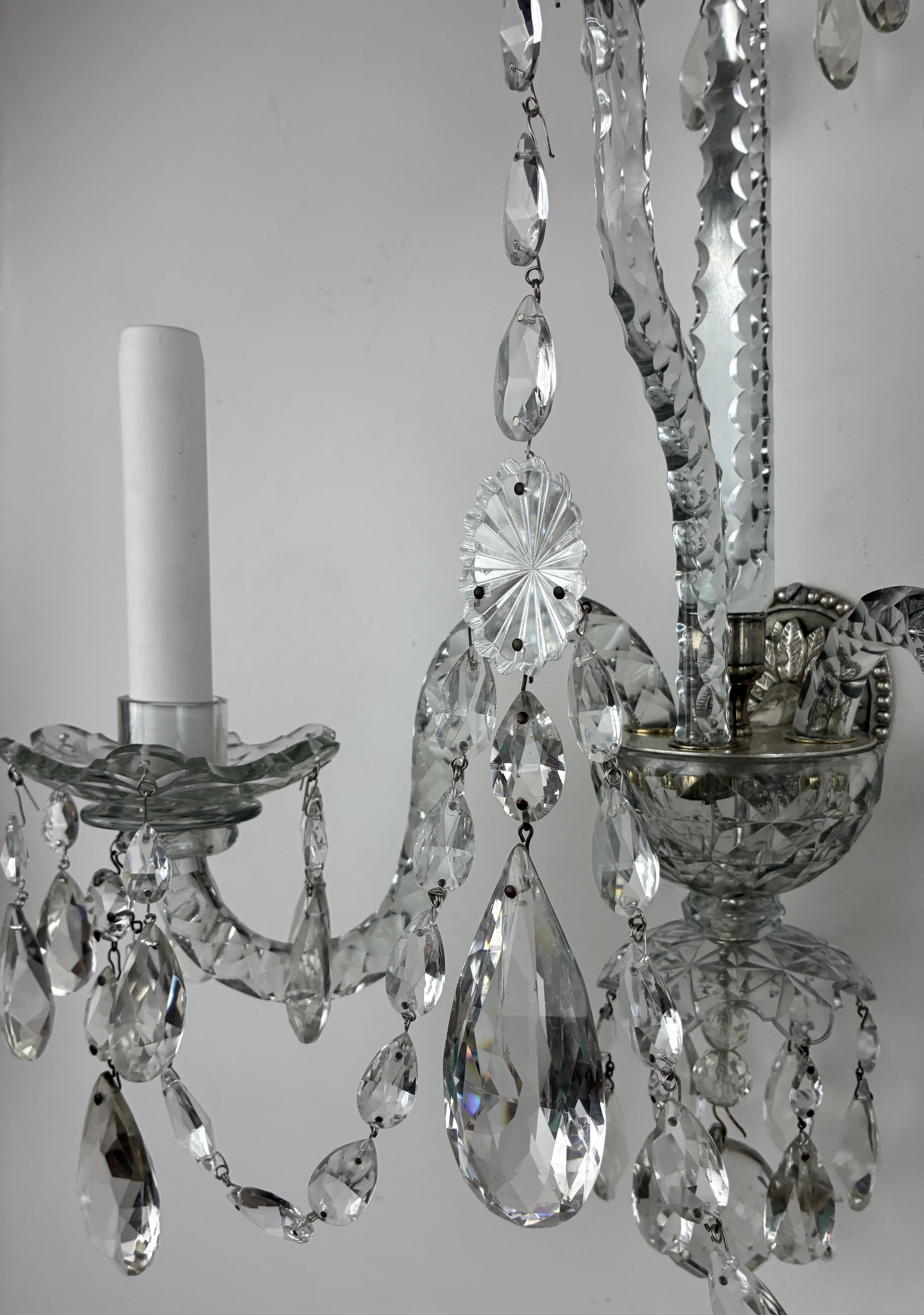 Fine Pair of Georgian Style Two Light Crystal Sconces or Wall Lights For Sale 5