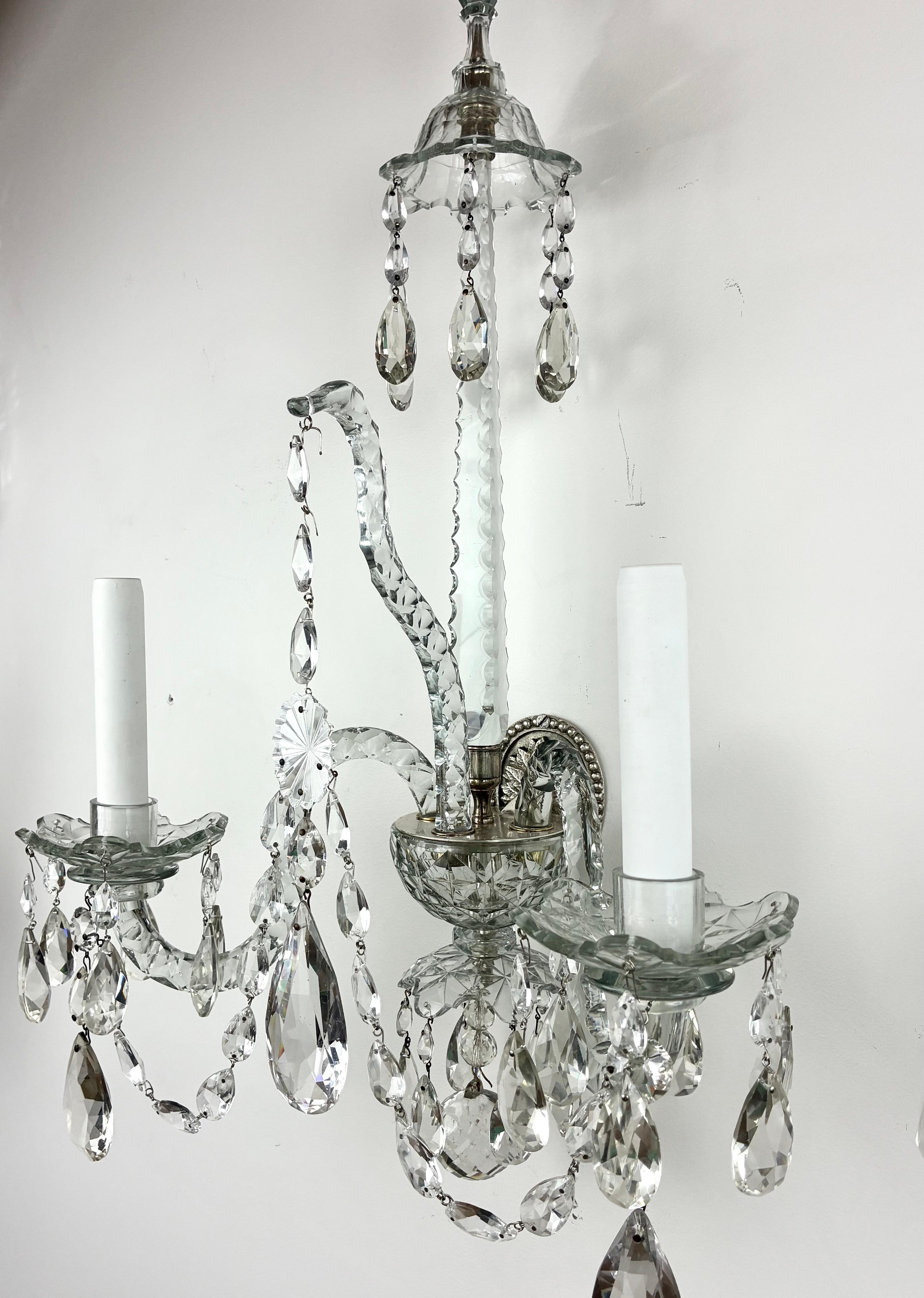 Fine Pair of Georgian Style Two Light Crystal Sconces or Wall Lights For Sale 11