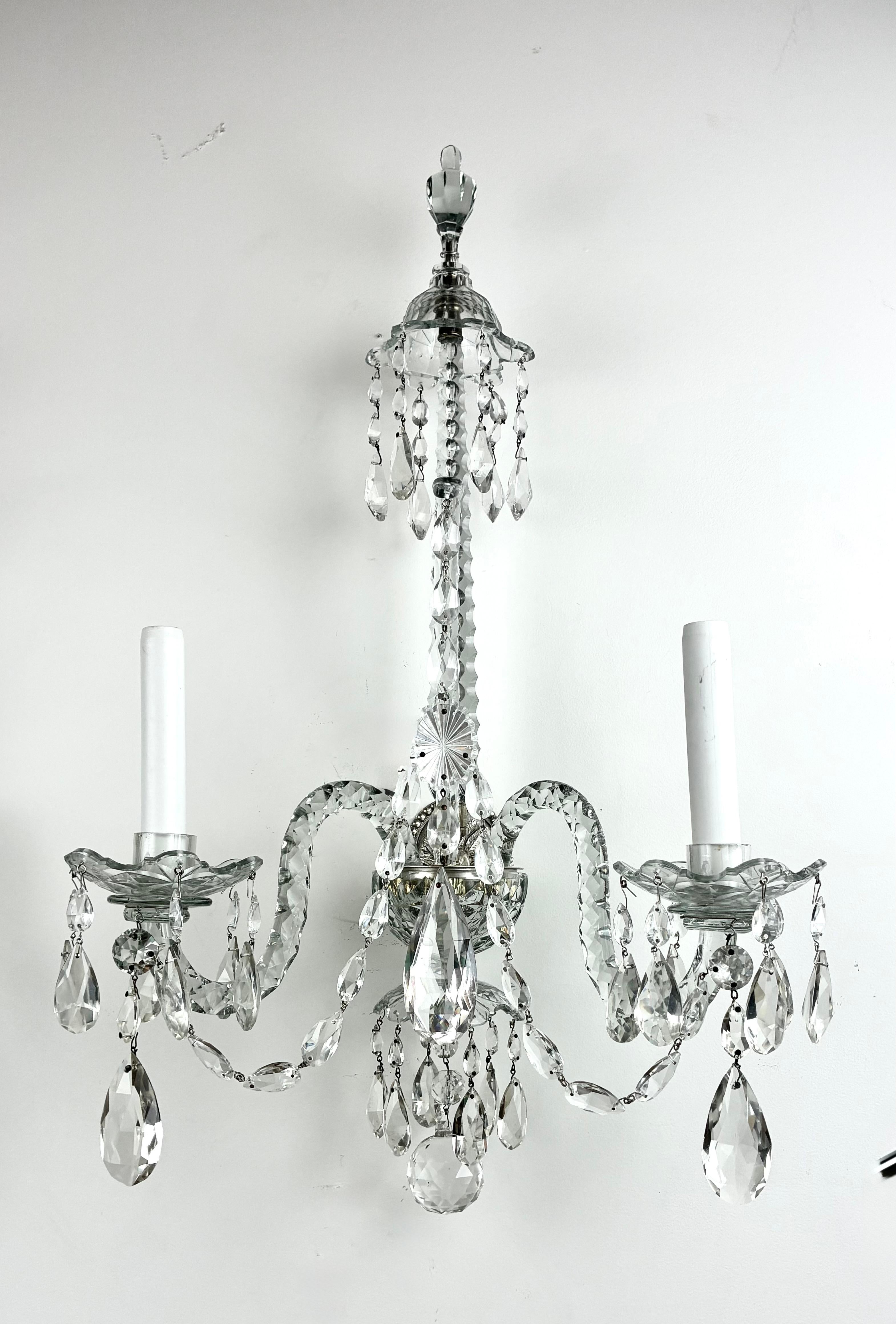 English Fine Pair of Georgian Style Two Light Crystal Sconces or Wall Lights For Sale