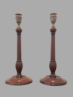 Fine Pair of Georgian Walnut and Brass Candlesticks of Large Scale