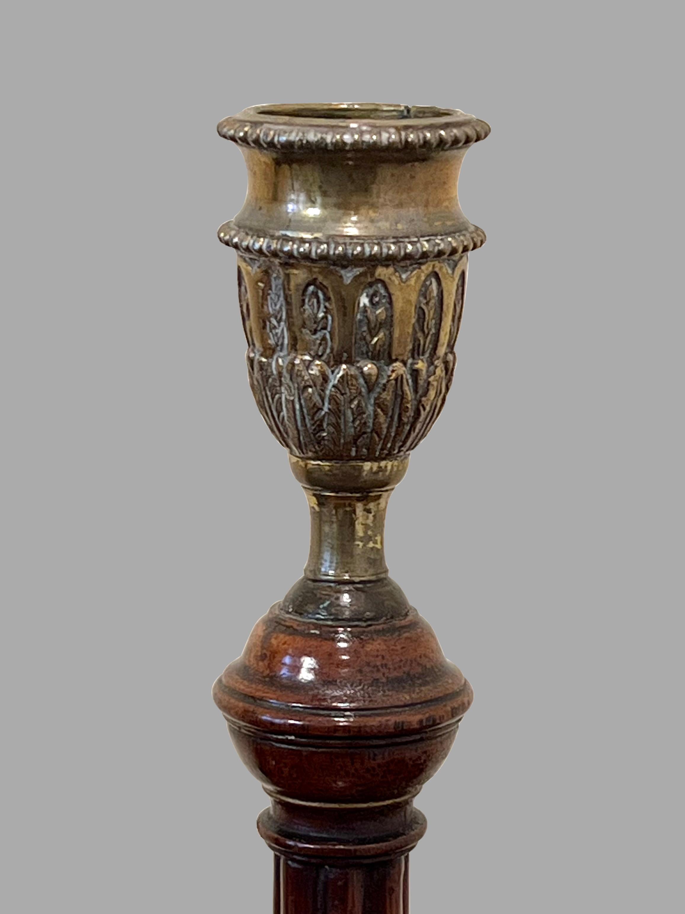 George III Fine Pair of Georgian Walnut and Brass Candlesticks of Large Scale For Sale