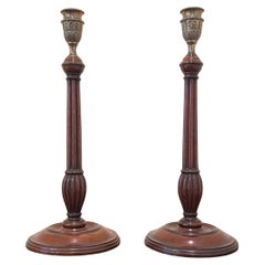 Antique Fine Pair of Georgian Walnut and Brass Candlesticks of Large Scale