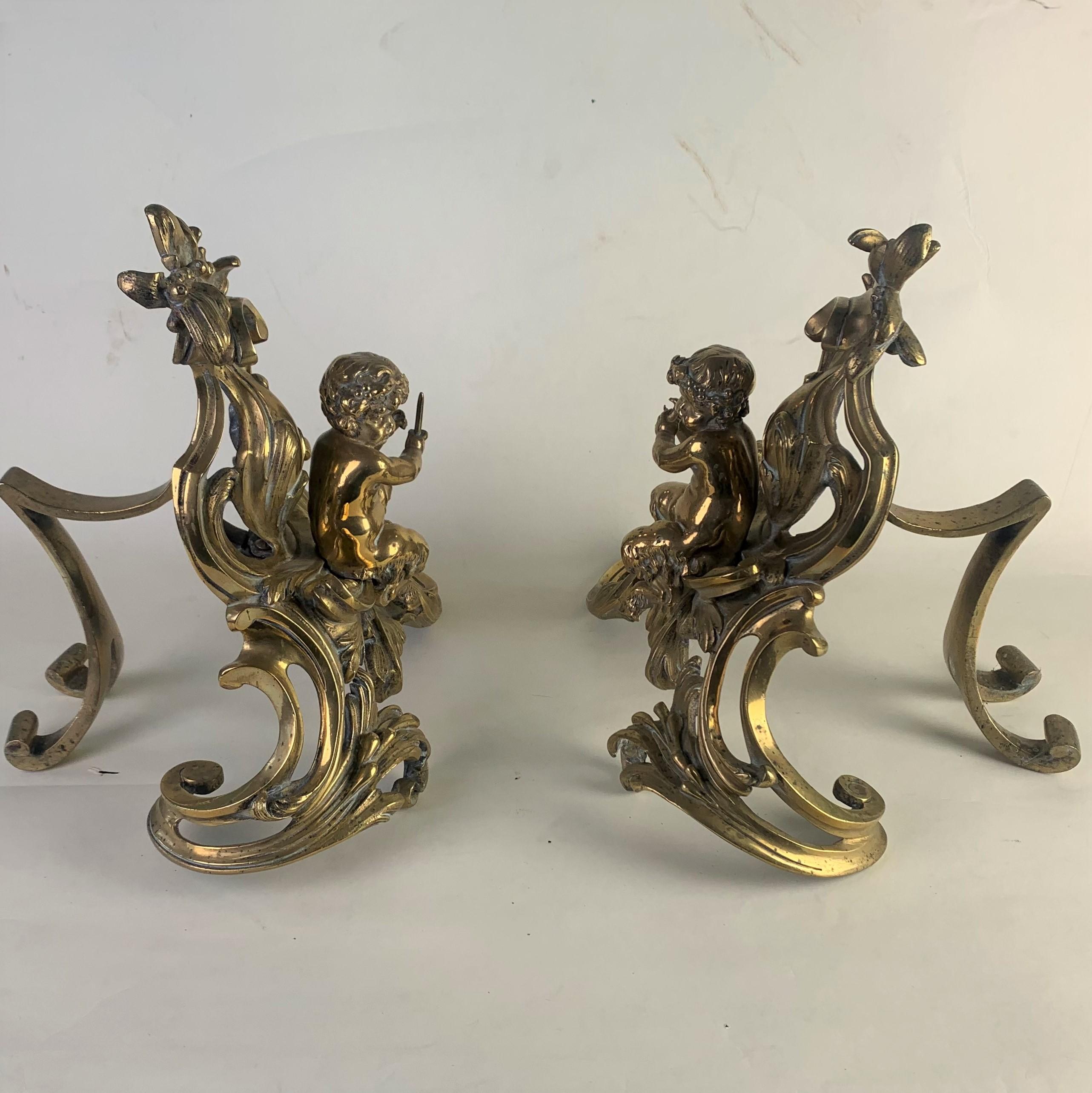 Rococo Fine Pair of Gilded Brass Chenets/Fire Dogs For Sale