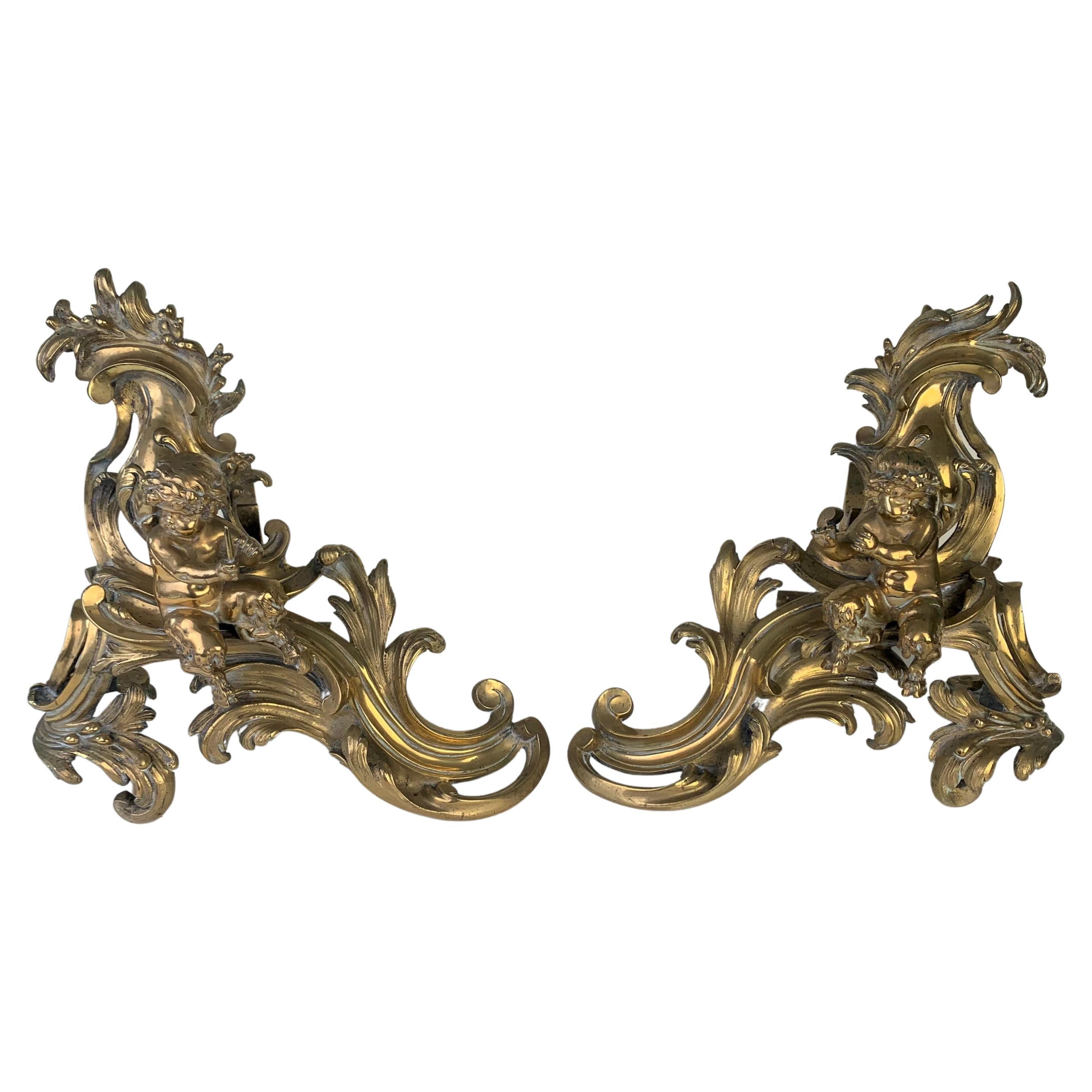 Fine Pair of Gilded Brass Chenets/Fire Dogs For Sale