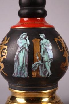 Pair of Pompeian Style Gilded Bronze and Porcelain Lamps, France, Circa 1880