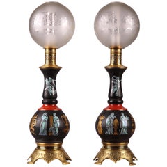 Pair of Pompeian Style Gilded Bronze and Porcelain Lamps, France, Circa 1880
