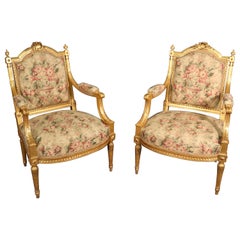 Fine Pair of Gilded Carved Tapestry French Louis XVI Fauteuil Open Armchairs