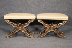 Fine Pair of Gilded Walnut Carved French Louis XV Style X Benches Circa 1950