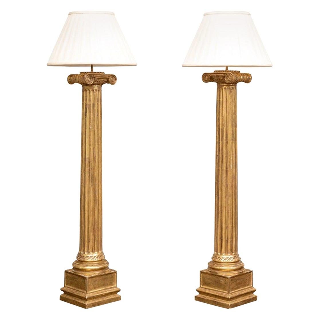 Pair of Antique Carved Wood Pillar Column Floor Lamps from circa 1890 For Sale at 1stDibs