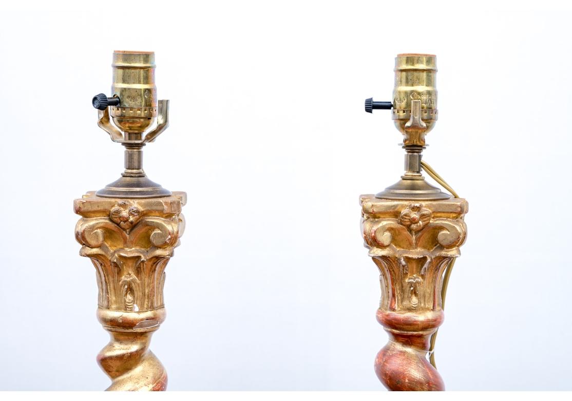 Fine Pair of  Gilt Wood  Barley Twist Column Form Table Lamps For Sale 4
