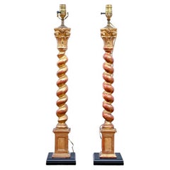 Fine Pair of  Gilt Wood  Barley Twist Column Form Table Lamps