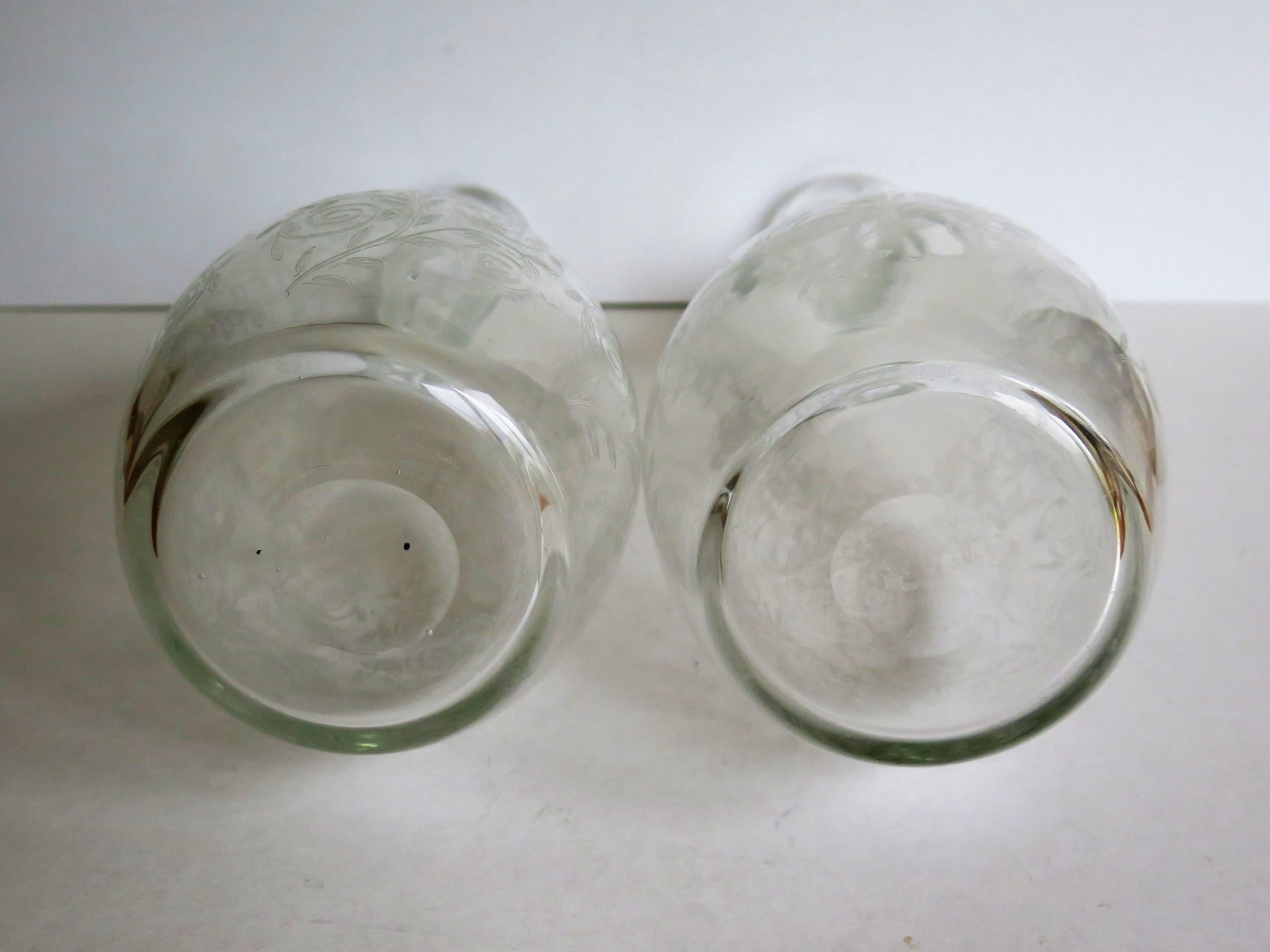 Fine Pair 19th C. Lead Crystal Glass Carafes or Decanters Hand Blown & Engraved 3