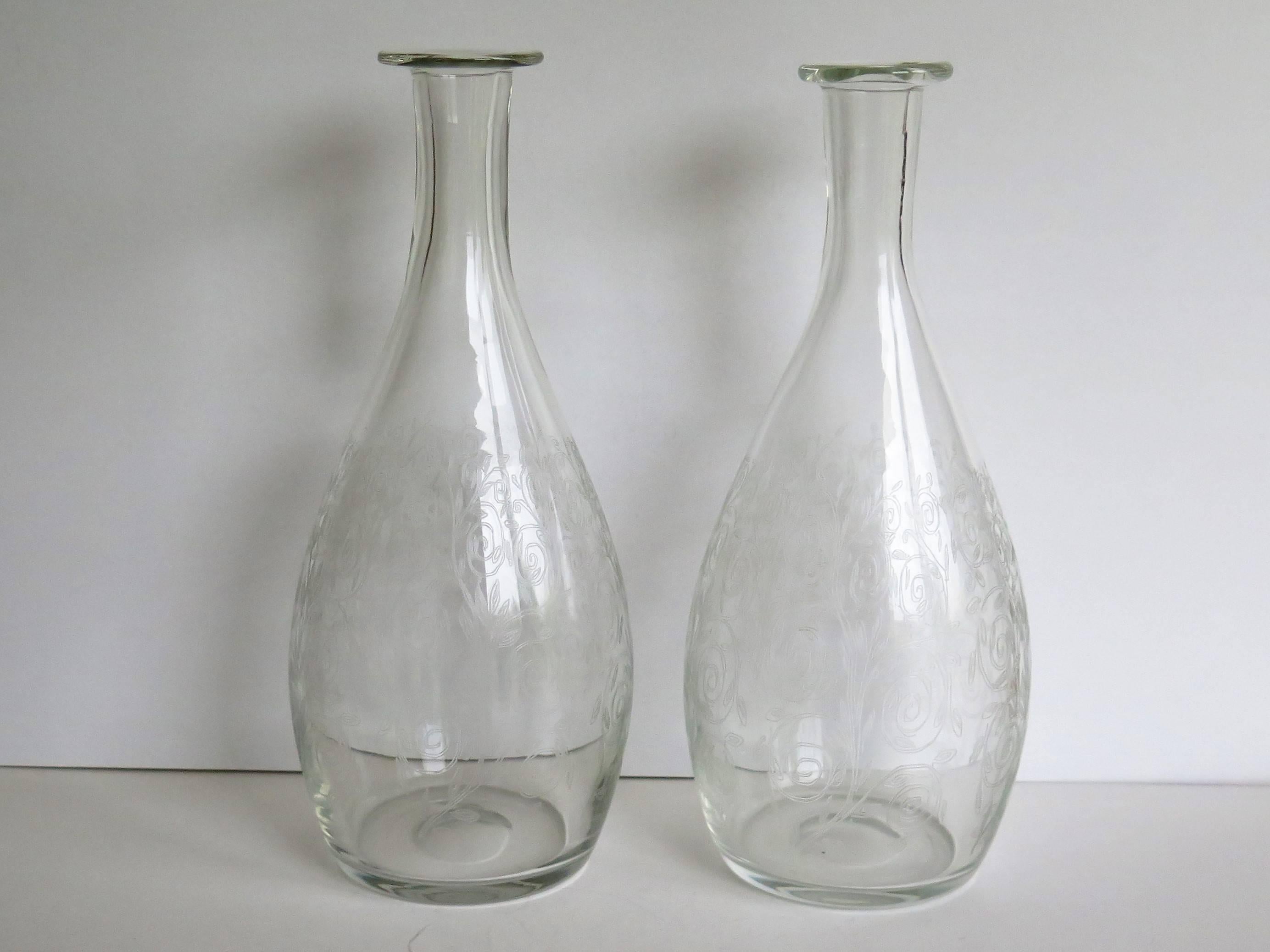 Victorian Fine Pair 19th C. Lead Crystal Glass Carafes or Decanters Hand Blown & Engraved