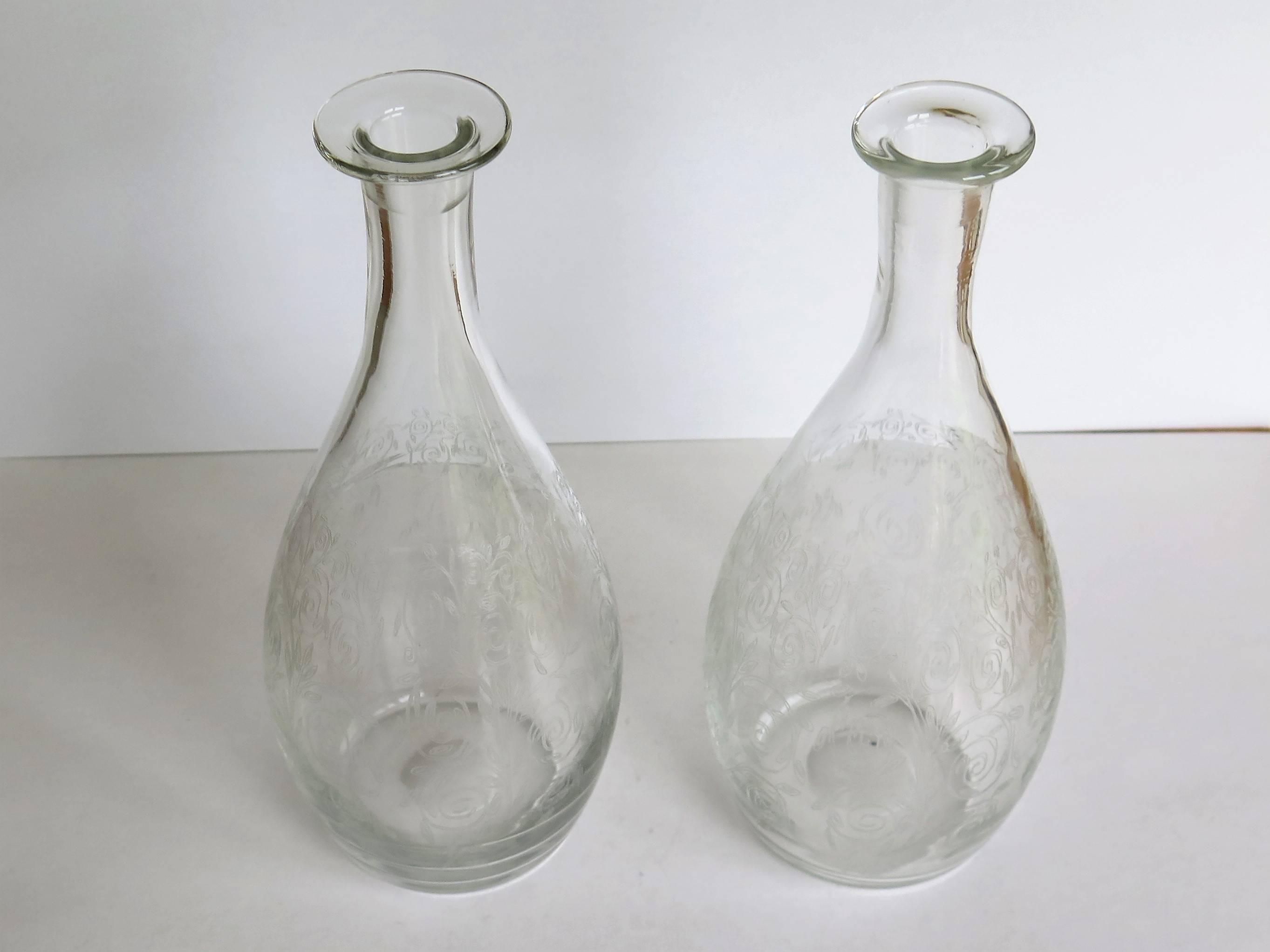 English Fine Pair 19th C. Lead Crystal Glass Carafes or Decanters Hand Blown & Engraved