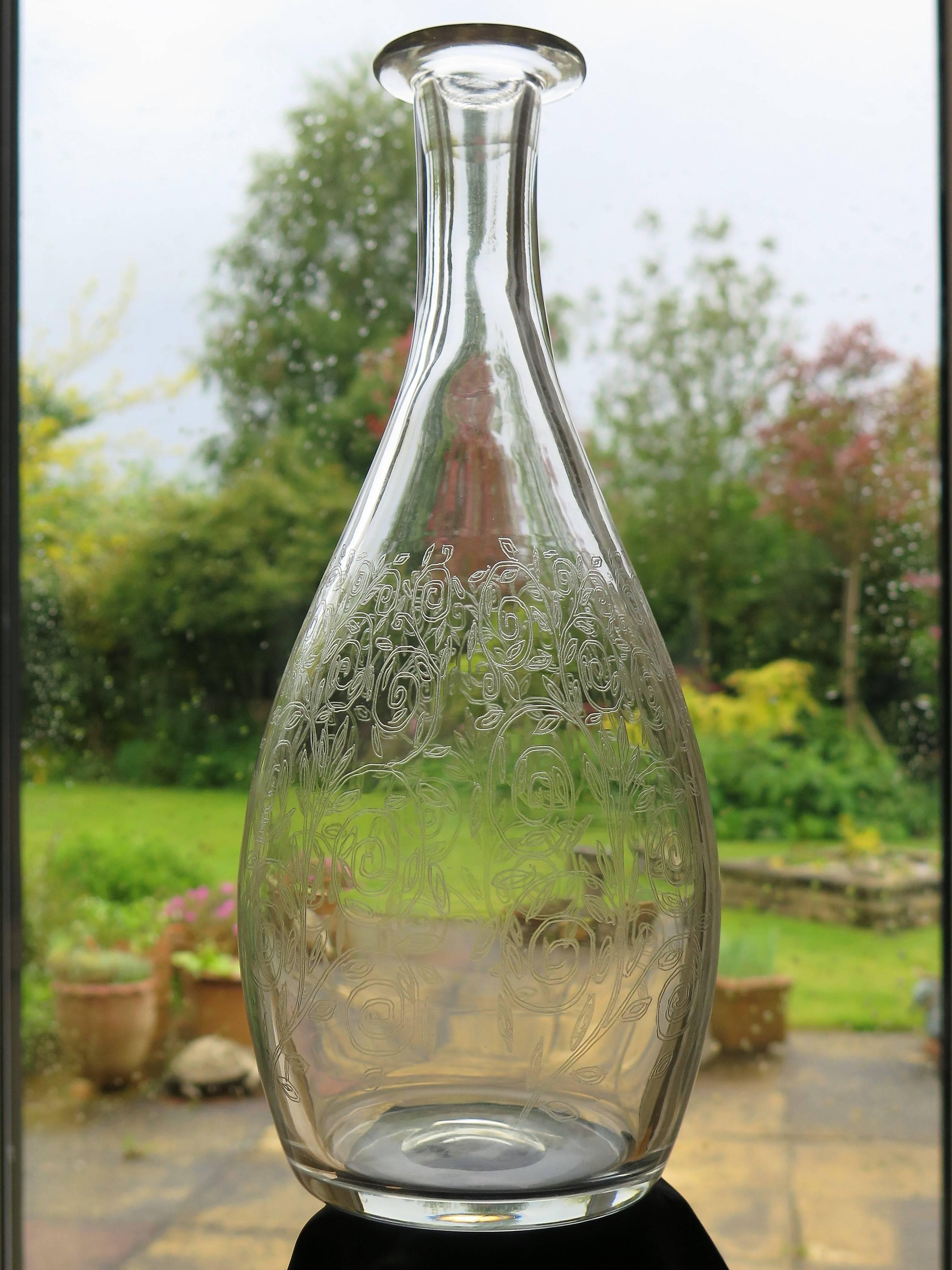 Hand-Crafted Fine Pair 19th C. Lead Crystal Glass Carafes or Decanters Hand Blown & Engraved