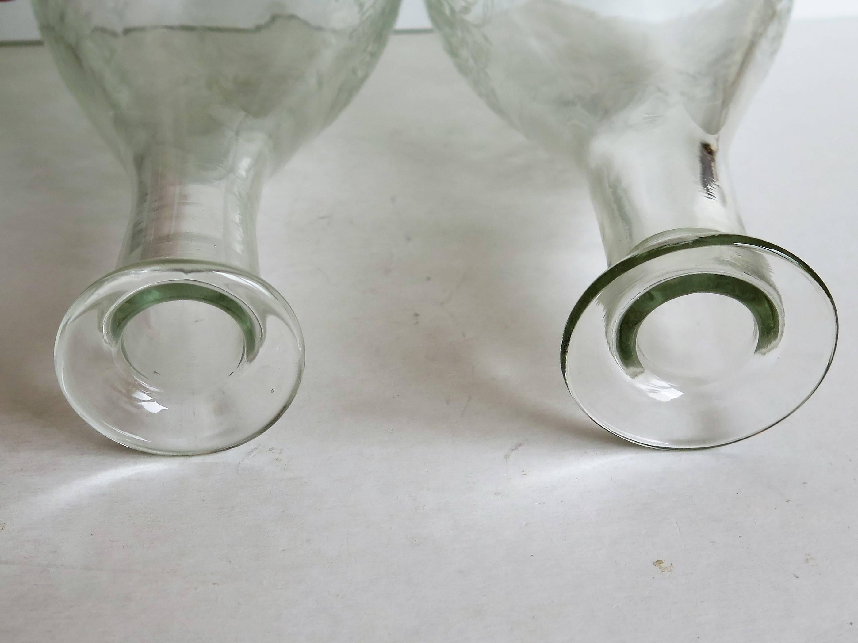 Fine Pair 19th C. Lead Crystal Glass Carafes or Decanters Hand Blown & Engraved 2