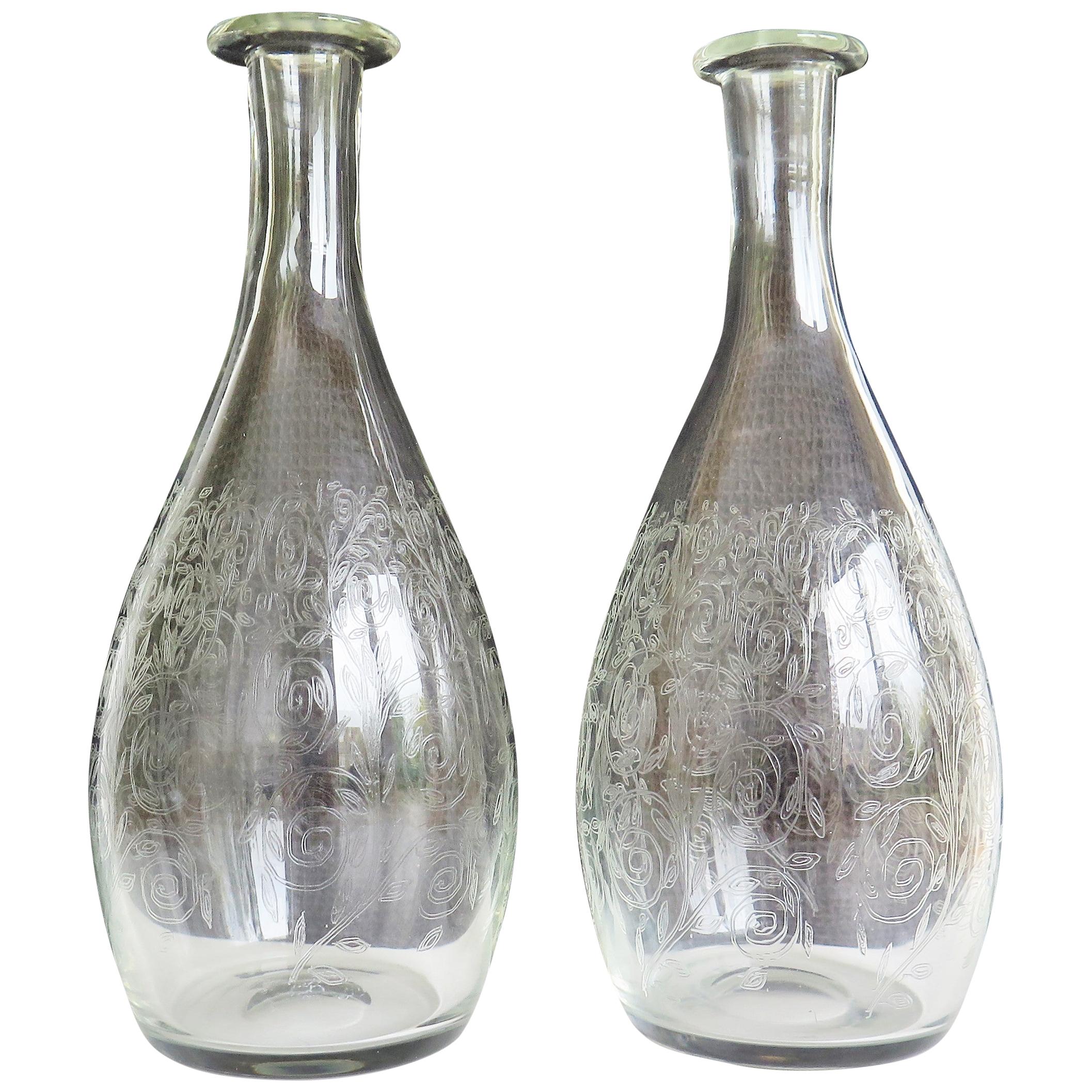 Fine Pair 19th C. Lead Crystal Glass Carafes or Decanters Hand Blown & Engraved