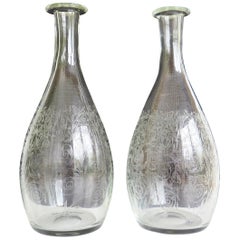 Antique Fine Pair 19th C. Lead Crystal Glass Carafes or Decanters Hand Blown & Engraved