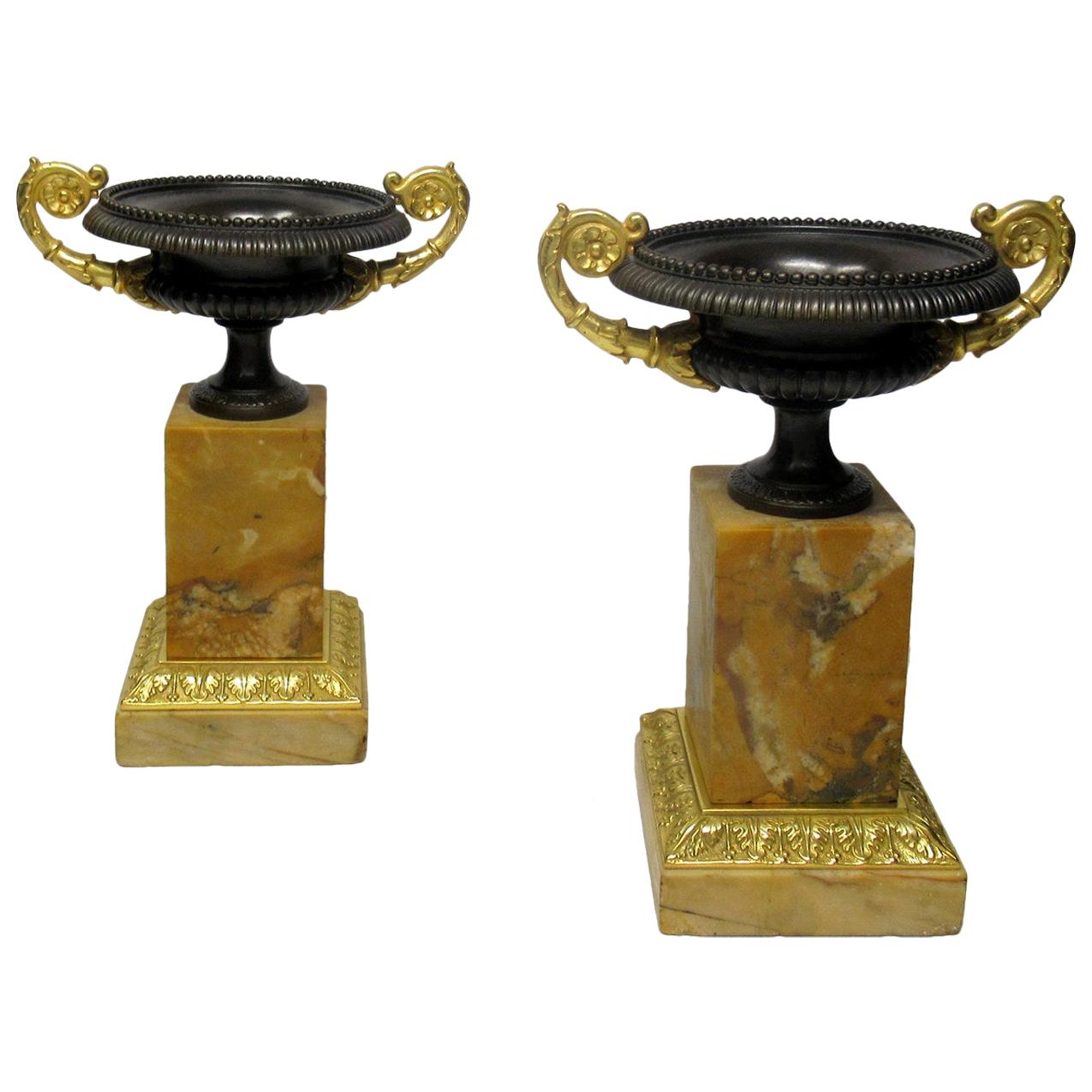 Pair of Grand Tour Ormolu Patinated Bronze Sienna Marble Tazza Urns 19th Cetury