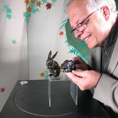 Fine Pair of Hand Cast Bronze Playful Rabbits from Old Japan