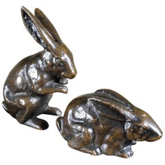 Fine Pair of Hand Cast Bronze Playful Rabbits from Old Japan