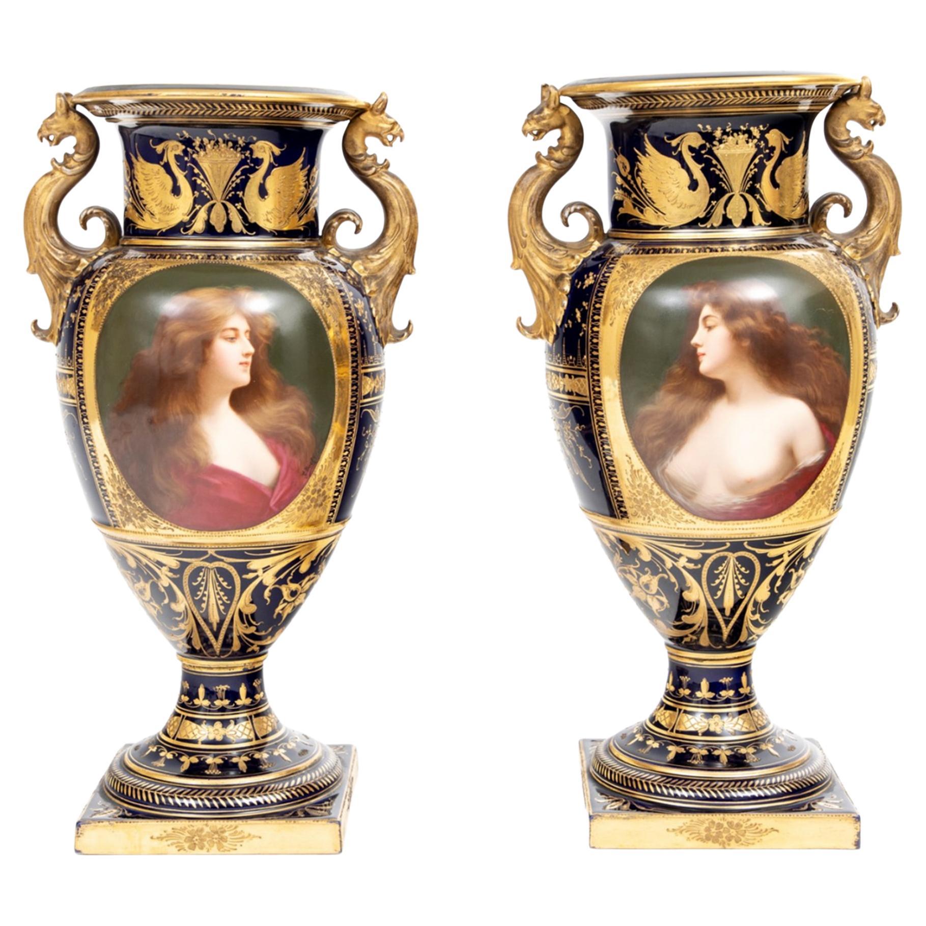 Fine Pair of Hand Painted Royal Vienna Urns For Sale